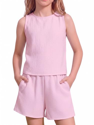 Image of Arshiner Girls Summer 2 Piece Outfit Sleeveless Top and Paperbag Waist Shorts with Pockets Kids Shorts Set Ages 5-13