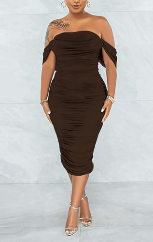 Image of Fooullaide Women's Sexy Off Shoulder Sleeveless Bodycon Ruched Midi Dress | Stretchy, Breathable, Mesh, Not See-Through, Elegant,Formal Gown, Cocktail, Evening, Party, Night Out Tube Dresses