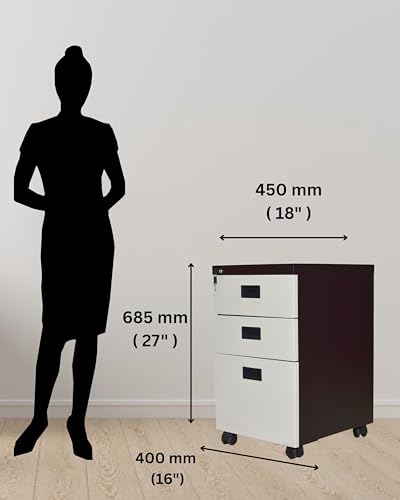 Image of Amazon Brand - Solimo 3 Drawer Steel Pedestal Cabinet | Lockable Powder Coated Filing Cabinet for Files, Documents & Stationery | Office Storage Unit (Brown, Pedestal with Wheels)