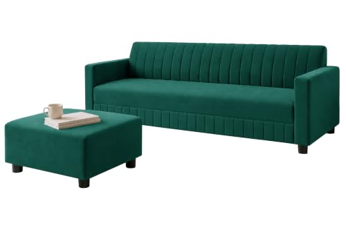 Image of Modern 3-Seater Velvet Sofa with Ottoman | Vertical Channel Tufted Backrest | Plush Cushioned Seating | Stylish Contemporary Sofa for Living Room, Bedroom & Office | Green