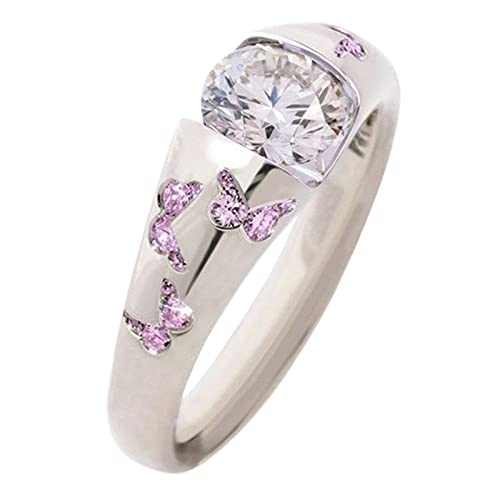 Exquisite Jewelry Ring Love Rings Fashion Women Butterfly Cubic Zirconia Inlaid Finger Ring Wedding Party Jewelry Wedding Band Best Gifts for Love with Valentine's Day (Pink, US 7)