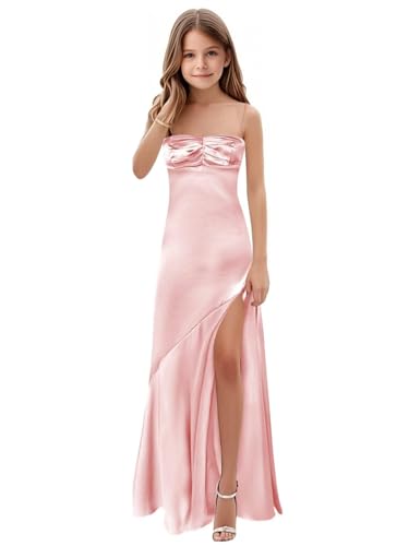 HTWORGRE Blush Pink Junior Bridesmaid Dresses Satin Slit Girls Formal Dress Spaghetti Strap Flower Girl Dress 10