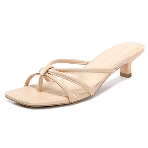 Athlefit Kitten Heels for Women Square Toe Strappy Low Heel Thong Sandals Slip On Dress Flip Flop Silver Heels for Prom Size 6