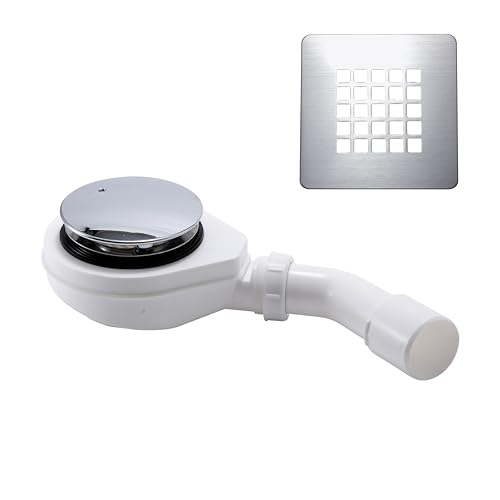 KOOBON Sifón de desagüe de ducha de 90 mm, brida de fijación de acero inoxidable con antiolores y filtro para el pelo, juego de desagüe de ducha, con cubierta cromada y cubierta de acero inoxidable