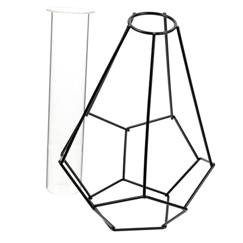SHINEOFI Jarrón Hidropónico de Hierro y Vidrio Geométrico Negro Florero Decorativo Minimalista para Plantas y Adornos de Mesa Bodas y Hogar Ligero y Elegante