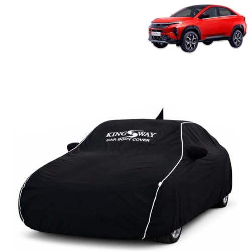 Image of KINGSWAY Super Waterproof Car Cover Only with Tata Curvv (Year 2024 Onwards - All Model) | Mirror and Antenna Pockets | All Weather Car Body Cover with Silver Piping | Black