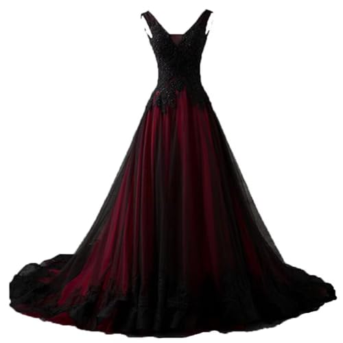 ZVOCY V-Neck Wedding Dresses Gothic Black Tulle Lace Applique Formal Prom Ball Gowns