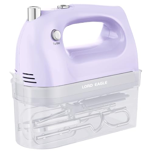 Image of Lord Eagle Hand Mixer Electric Handheld 400W, 5-Speed Lightweight Kitchen Mixer with Storage Case, 5 Stainless Steel Attachments for Baking Cake Egg Cream Food Beater, Turbo+Eject Button, Purple