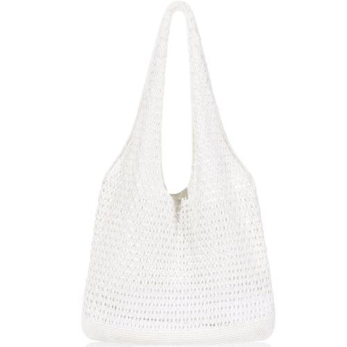 WantGor Crochet Bags Beach Mesh Tote Bag Womens Shoulder Shopping Handbag Casual Travel Totes Bag Foldable Hobo Bags (Pure White)