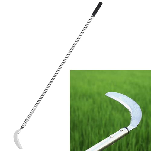 Weeding Sickle, Serrated & Plain-Edged Combined Steel Scythe 51-Inch Adjustable Long Handle, Lightweight Long-Handled Garden Sickle Tool for Gardens, Yards, Fields & Overgrown Areas
