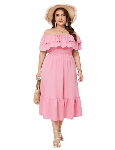 Image of KOJOOIN Women Plus Size Off Shoulder Maxi Dress Ruffle Flowy Casual Summer Boho Long Dresses