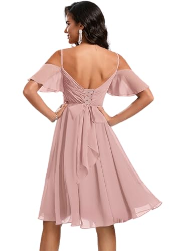 Cold Shoulder Bridesmaid Dresses with Sleeves Short Formal Dress for Women V Neck Evening Gown2
