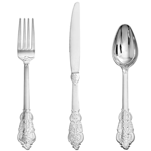 Supernal 360pcs Silver Plastic Silverware Set with Embossed Handles Vintage Heavy Duty Baroque Disposable Cutlery (120 Forks 120 Spoons 120 Knives) | Elegant Utensils for Wedding Party Anniversary