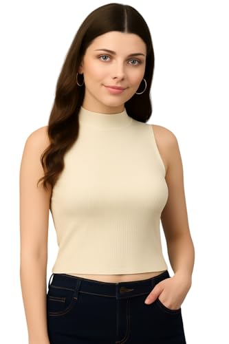 Image of ADBUCKS Women's Sleeveless Ribbed Cotton Mock Neck Top | Mock Neck Fitted Crop Top | Casual & Stylish - Sizes XS to XL