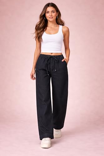 Image of London Hills Jeans for Woman | Wide Leg Jean for Women | Women's Wide Leg Denim Pants | Elastic Waist Drawstring Jeans for Women | Loose Fit Casual Palazzo Trousers | Woman Jean's Pant