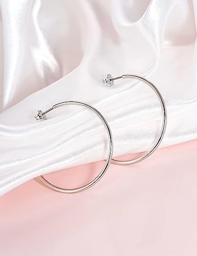 Limerencia Hypoallergenic G23 Pure Titanium Big Open C Hoop Earrings, Lightweight Cubic Zirconia Cuff Huggie Earrings For Women Girls Sensitive Ears (45Mm Thin Round Hoop, Silver) #TOP2