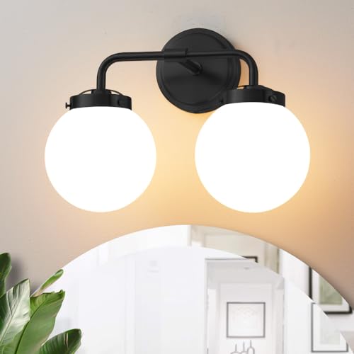 Image of Bathroom Light Fixtures 14in 2-Light Matte Black Vanity Lights for Mirror | Bathroom Lighting Fixtures over Mirror, ETL, Brushed Brass Wall Sconce, Dimmable E12 Base Max 60W, Milky Glass Ball Shades