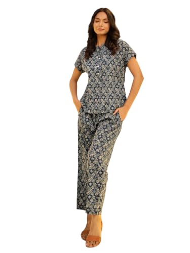 Image of SANSKRUTIHOMES Women's Premium 100% Cotton Printed Co-Ord Set | Short Sleeve Shirt & Pant Set | Pink Checkered Sun & Palm Tree Print | Casual Summer Resortwear, Vacation Wear & Comfortable Loungewear
