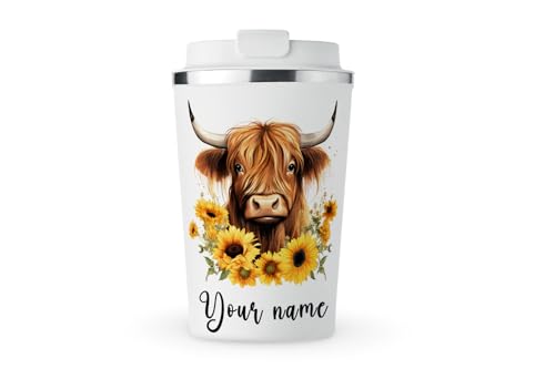 MAXIKIWI - Personalized Insulated Double Walled, Leakproof Stainless Steel Mug, Coffee or Tea Travel Tumbler with Lid, Keep Drinks Hot and Cold - Highland Cow with Sunflowers - 350ml