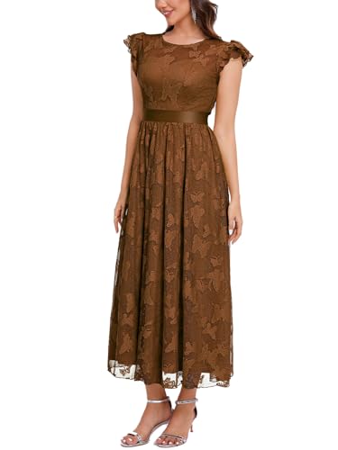 Image of Women's Casual Tulle Midi Dress Ruffle Sleeve Crewneck Lace Flowy Dresses Party Wedding Guest Sundress