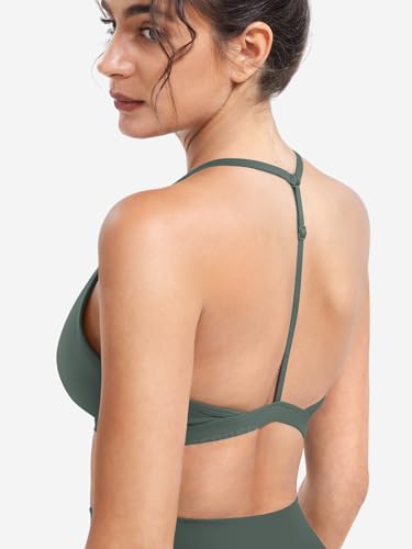 Image of YEOREO CoreFlex Sports Bras for Women Strappy Padded Halter Open Back Light Impact Deep V Neck Yoga Workout Gym Tops