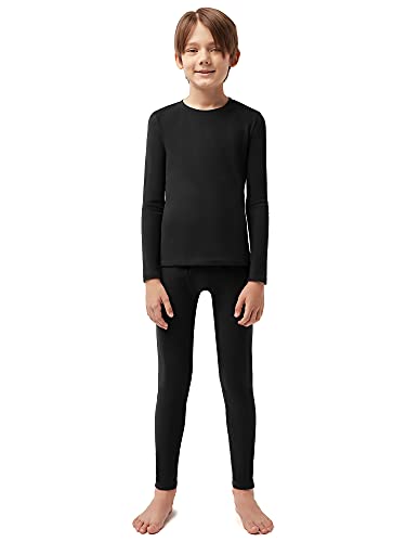 SIORO Boys Thermal Underwear Set Soft Double Fleece Warm Long Johns Set Base Layer with Fly, Black, Year 14
