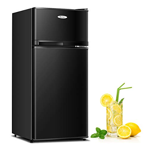 Moccha 3.4cu ft. Compact Refrigerator, Fridge Freezer w/Double Doors, 7 Levels Thermostat, Quiet Mini Fridge for Kitchen, Dorm, Apartment, Bar, Office (White)