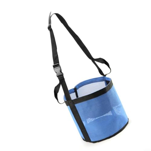 1 paquete de bolsa de alimentación de malla para caballos con correa ajustable y borde sin residuos para caballos adultos, tela Oxford impermeable azul para viajes y hogar estable (M: 9.5 pulgadas de