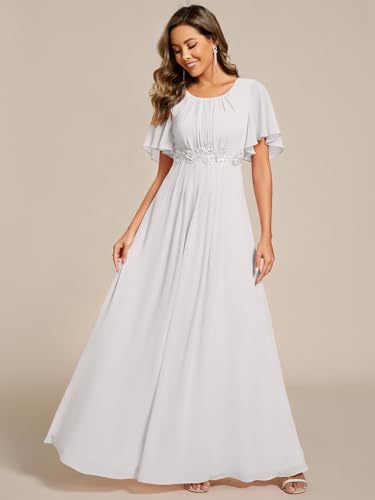 Image of Ever-Pretty Women's Classic Round Neck Pleated Short Sleeves Chiffon Appliques Floor Length A Line Formal Evening Dresses
