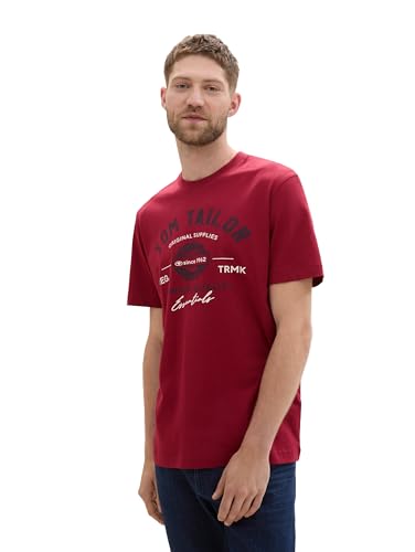 TOM TAILOR Herren T-Shirt mit Logo-Print aus Baumwolle, Deep Red, M