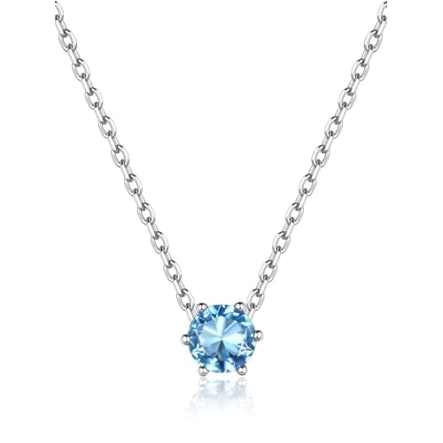 FaithHeart 925 Sterling Silver Birthstone Necklace for Women, Round/Celtic Knot Gemstone Pendant Necklaces Dainty Crystal Jewelry Birthday Gifts for Mom Wife Her with Gift Box 03. March-Sea