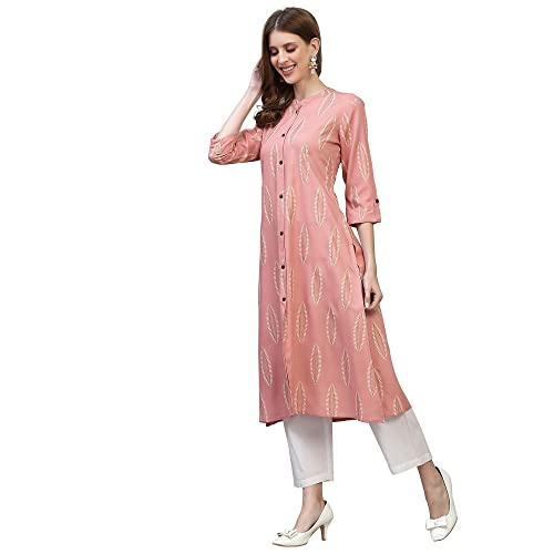 Image of Stylum Women's Turquoise Block Printed Rayon A-Line Kurta | Office Kurtas for Women (Available in Plus Sizes)