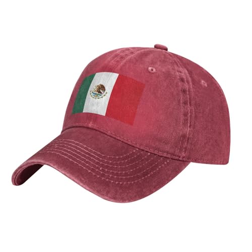 WURTON Drapeau du Mexique imprimé chapeau de football drôle réglable en coton casquette de baseball sport casquette de camionneur en denim délavé, Rouge, taille unique