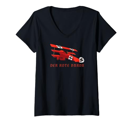 Red Rote Baron Fokker DR1 Triplane WWI Fighter Plane V-Neck T-Shirt, Black
