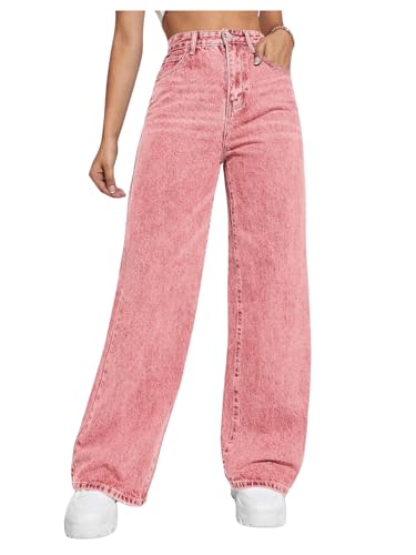 Floerns Women's Solid High Waist Baggy Denim Pants Wide Leg Streetwear Jeans
