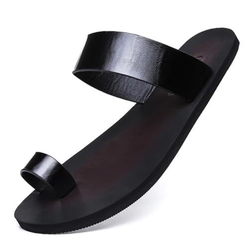 Lossarye Men's Black PU Leather Flat Flip Flops Slide Sandals Comfortable Toe Ring Slip On Casual Thong Sandals Summer Non-Slip Beach Slippers for Indoor Outdoor
