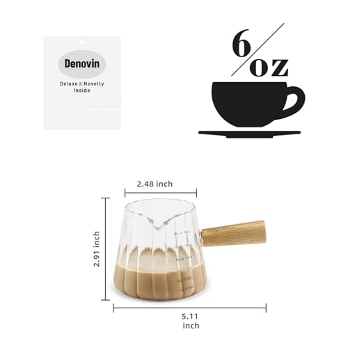 Denovin Glass Measuring Cup, 6oz Creamer Pitcher with Wood Handle, Creative Milk Frothing Pitcher Creamer Shot Glass (Transparent)