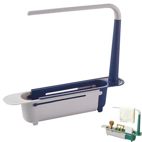 Pearluto Telescopic Sink Storage Rack, 2025 New Upgrade Adjustable Sink Storage Organizer, Adjustable Drainer Tray Sponge Soap Holder, Multipurpose Kitchen Sink Accessories Blue