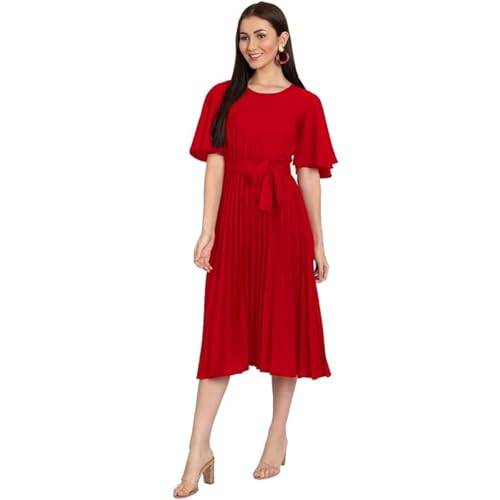 Image of KUDUZO Women's Crepe Long Pleated Below Knee Length Flutter Sleeve Round Neck S to XL Maxi Dress for Girls. (EG-U0IM-B9A1)