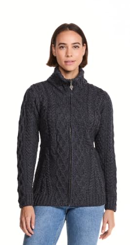 Image of Zippered Wool Cardigan with Full Neck by Aran Woollen Mills