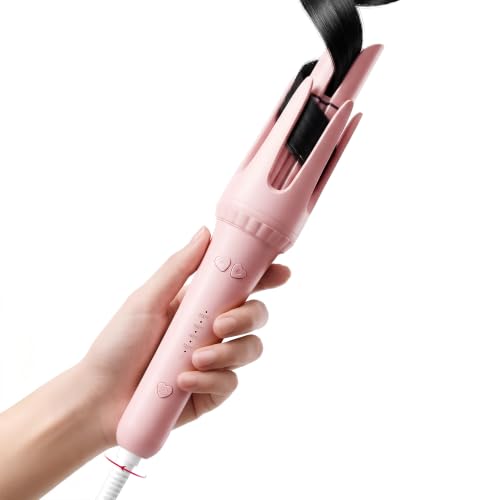Image of Myhox Auto Curling Iron 1.25 inch, 4 Temp, Rotating Hair Curler for Beach Waves, Ceramic Curling Wand with Anti-Scald & Anti-Tangle for Long Hair, Dual Voltage, Pink