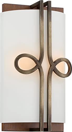 Yorkville Robin Baron Designed White Etched Glass Wall Mount, 2-Light 120 Total Watts, 14" H x 8" W, Aged Darkwood with Silver Patina - Minka Lavery 2692-115