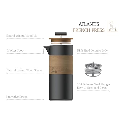 Image of LECTOR Atlantis French Press Coffee Maker | 450ml Capacity | Premium Ceramic Body with Natural Wood Sleeve & Lid | Manual Brewer for Coffee & Tea | Strong Ceramic Build, Superior Filtration (Black)