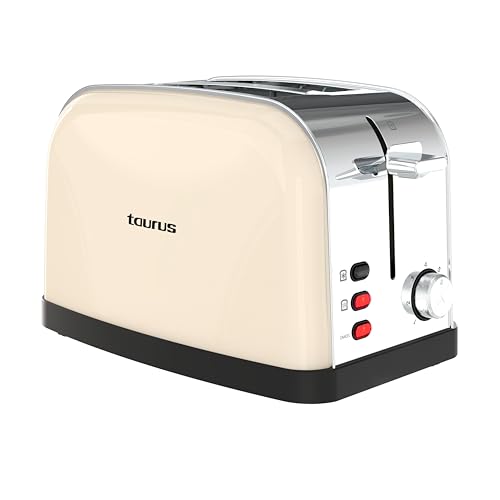 Taurus – Tostador Retro Inspire II Cream, 950W, 2 Ranuras 135 x 35 mm, 7 Niveles, 3 Funciones, Cuerpo Inox, Autocentrado, Recogemigas, Elevación Extra, Recoge cables, Crema