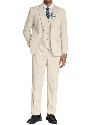COOFANDY Mens Cotton Linen Suit 3 Piece Sport Coat Beach