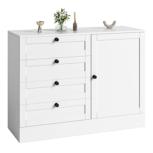 Image of HOSTACK 4 Drawer Dresser with Door, White Chest of Drawers, Modern Storage Cabinet with Shelves | Deep Space, Wide Dresser Sideboard Buffet for Living Room, Dining Room, Hallway, White