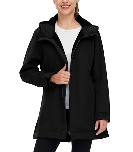 wantdo Women Softshell Jacket Fleece Lined Hooded Rain Coat Waterproof Windproof Windbreaker Jacket Lightweight Long Coat
