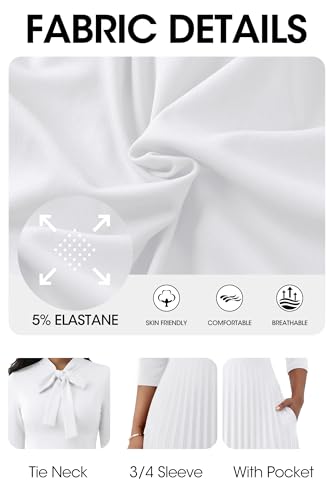 Image of FANDEE Maxi Dress for Women Formal 3 /4 Sleeve Pleated Empire Long Dress Semi Formal Tie Neck Office Work Dresses