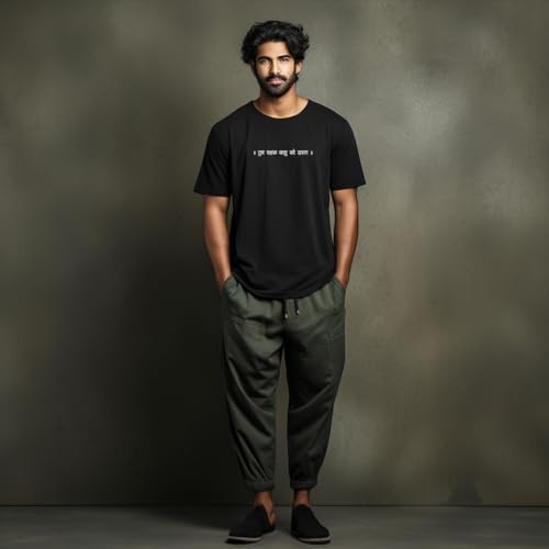Image of prabhu bhakti Men's Oversized Jai Shri Ram Hanuman Ji Printed Black T-Shirt | Back Print Drop Shoulder Pure Cotton Oversized Tshirt for Men