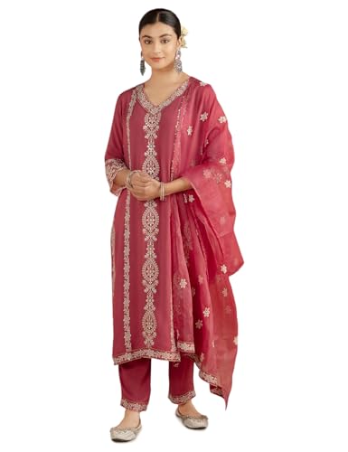 Image of Kaari Women's Chikankari Kurta Set with Dupatta - Straight Fit | Chikankari Embroidery & Lace Work | Lace on Sleeves | Organza Dupatta with Lace | Straight Pant with Side Pocket